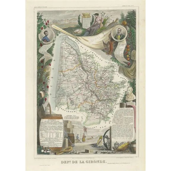 Map of Gironde and Bordeaux Wine by Levasseur, 1852 For Sale