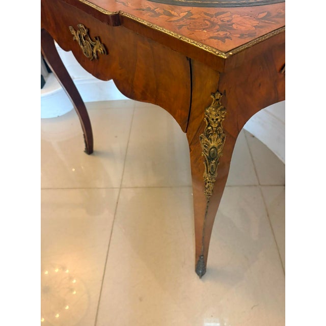 Antique French Walnut Marquetry Inlaid Writing Desk with Leather Top, 1860s For Sale - Image 9 of 14