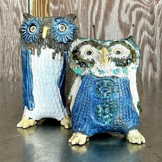 Late 20th Century Vintage Boho Signed Studio Pottery Owls - Set of 2 For Sale - Image 5 of 12