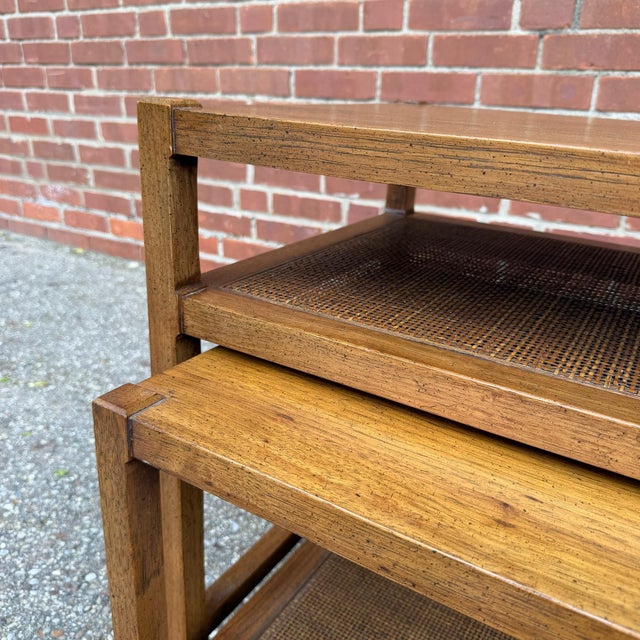 Mid Century Modern Nesting Side Tables With Cane Shelves For Sale - Image 9 of 12