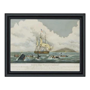 South Sea Whale Fishery Reproduction Print Behind Glass in Black Solid Wood Frame- 11x14" Print, 12-3/4" X 15-3/4" Framed