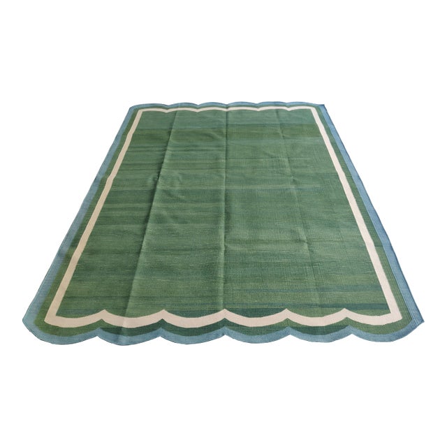Handmade Cotton Vegetable Dyed Rug, Scalloped Forest Green Dhurrie - 14'x16' For Sale