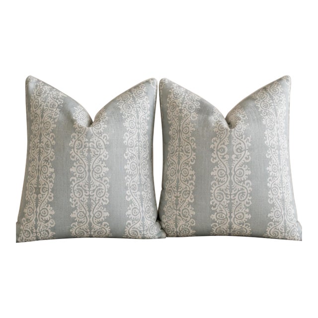 Anna French for Thibaut Ellery Stripe Soft Blue Linen Pillows – A 22" Pair For Sale