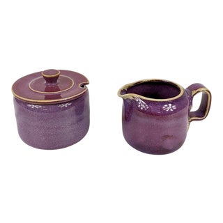 Vintage Purple Glazed Ceramic Creamer & Sugar Set- 2 Pieces For Sale