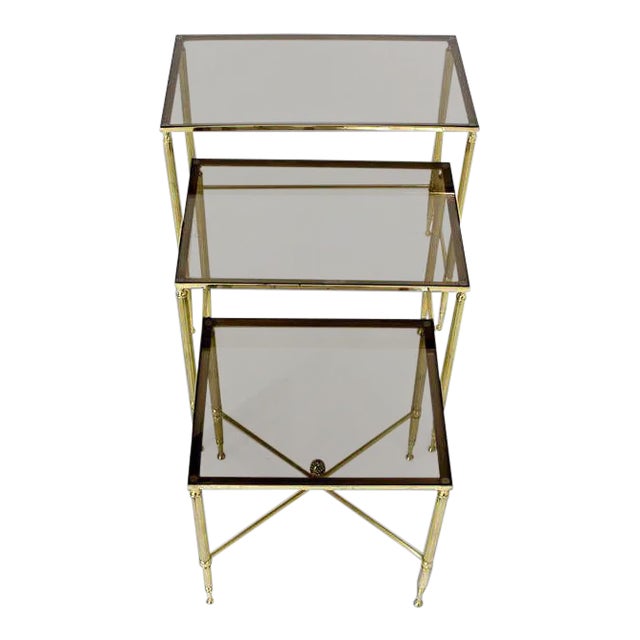 Mid Century Modern Solid Brass Smoked Glass Nesting Stacking