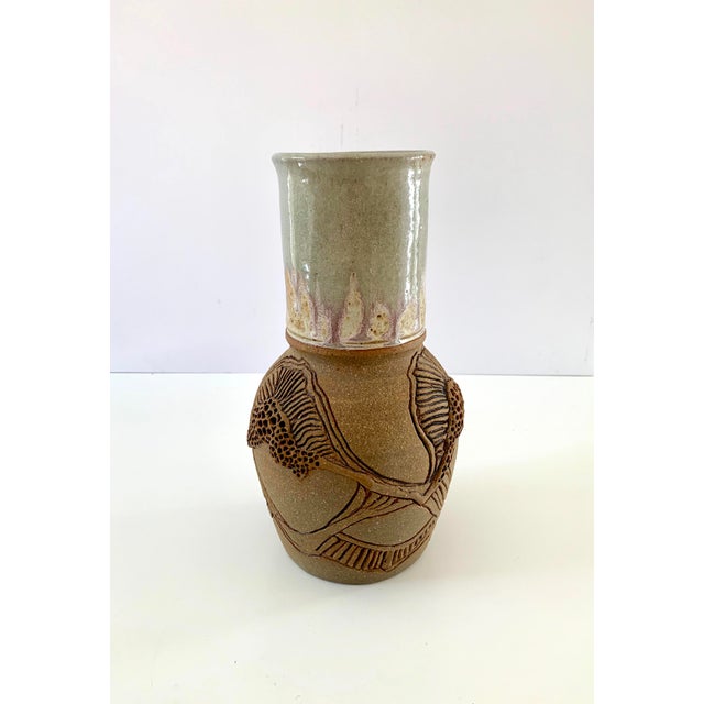 Mid-Century Modern Vintage Vase Studio Pottery, Carved Organic Motif, Signed "Moni" For Sale - Image 3 of 13