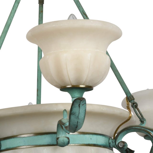 Mid 20th Century Bronze Verdigris & Alabaster Six-Light Tulip Chandelier, European, Circa 1925 For Sale - Image 5 of 6