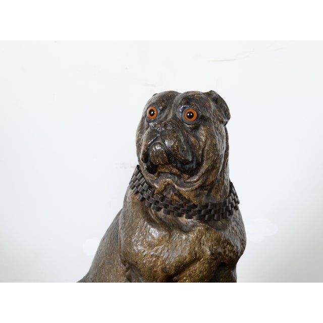 English English 19th Century Terracotta Bulldog Statue with Silver Collar and Glass Eyes For Sale - Image 3 of 11