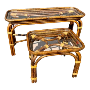 Mid 20th Century Ming Style Rattan Bamboo Console and Side Glass Top Table Palm Beach Hollywood Regency - Set of 2