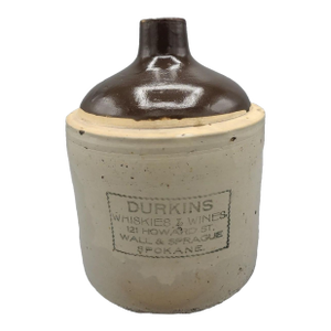 Rare Spokane “Durkin’s” Salt-Glazed Whiskey Jug — Early 1890s Stoneware