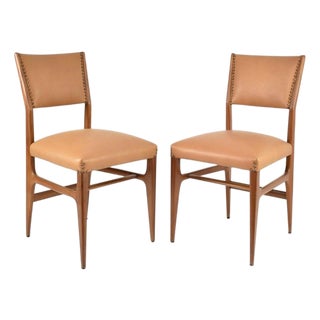 Pair of Walnut and Leather Side Chairs by Gio Ponti, Italy, 1950s For Sale