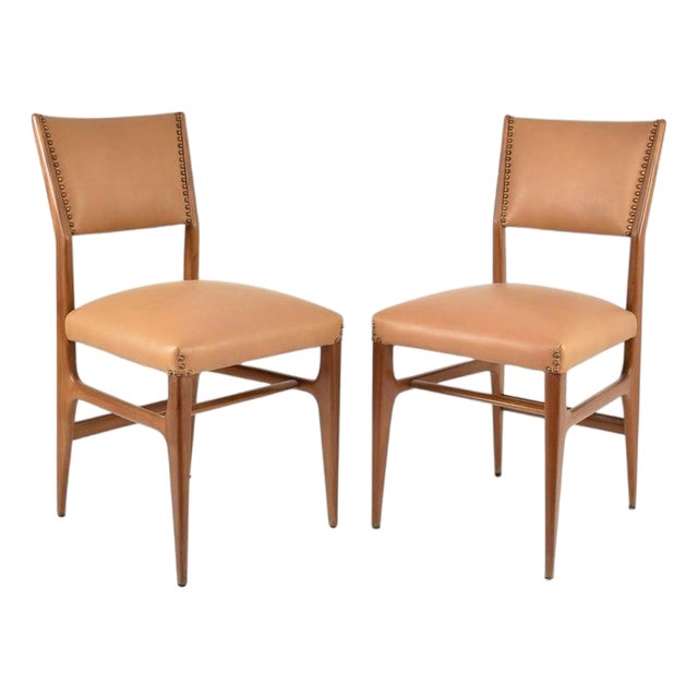 Pair of Walnut and Leather Side Chairs by Gio Ponti, Italy, 1950s For Sale