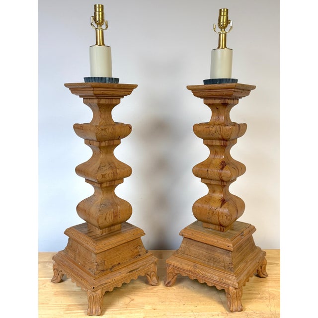 Brown Mid 20th Century Monumental Tuscan Carved Pine Column Table Lamps, Rewired - a Pair For Sale - Image 8 of 14