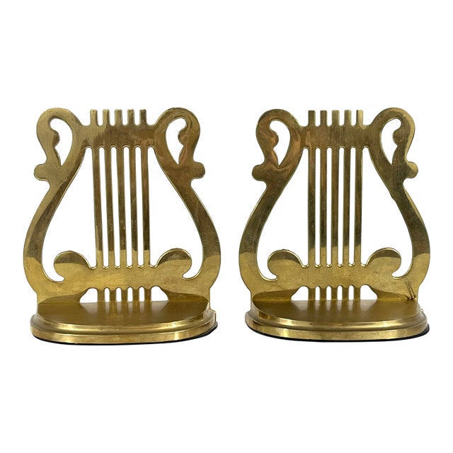 Pair of Vintage Brass Musical Harp Bookends For Sale