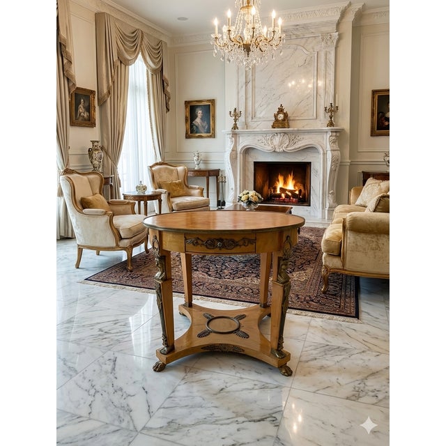 This 1920 Neoclassical Art Deco Empire Bronze Bird-Eye Marble Center Table is a stunning piece of antique furniture that...