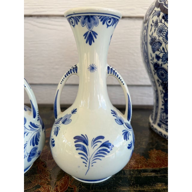 Pair Petite Vintage Delft Vases Blue & White Windmilll Hand Painted Bud Vases For Sale - Image 13 of 18