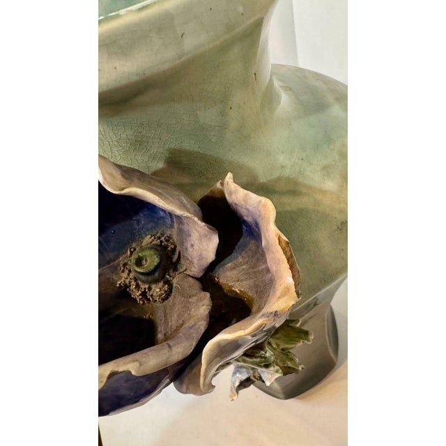 Impressive Statement! Antique Art Deco Faience Majolica Vase Decorated With Sculpted Delicate Flowers For Sale - Image 12 of 16