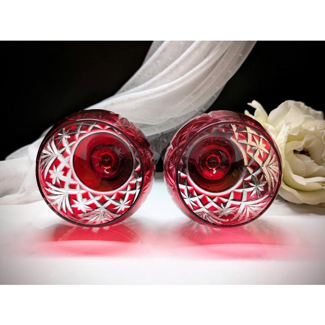 Vintage Saint-Louis Crystal Massenet Cranberry Cut to Clear Hock Wine Glasses, Pair For Sale - Image 6 of 8