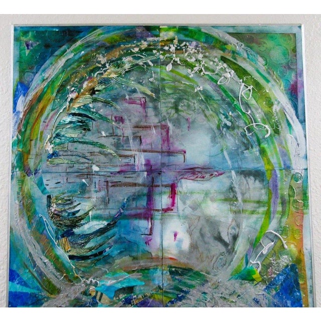 Artist Mark Adler Four-Panel Circular Abstract Acrylic Painting on Canvas Framed Measures 24" wide, 3/4" deep and 47 1/2"...