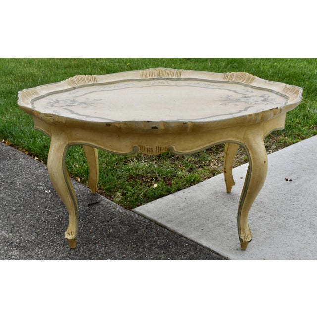 Italian Coffee Table Florentine Style Lacquered Painted Baroque Oval Tray 50s For Sale - Image 12 of 13