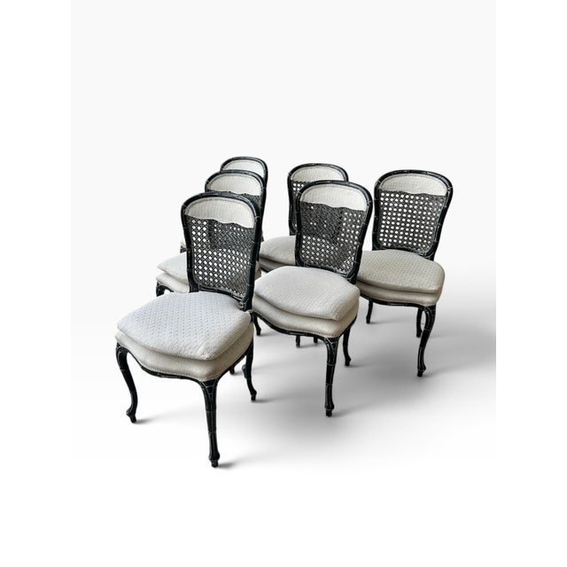 Vintage Chinoiserie Dark Jade Green Lacquer Faux Bamboo Cane Dining Chairs - Set of 6 For Sale - Image 10 of 18