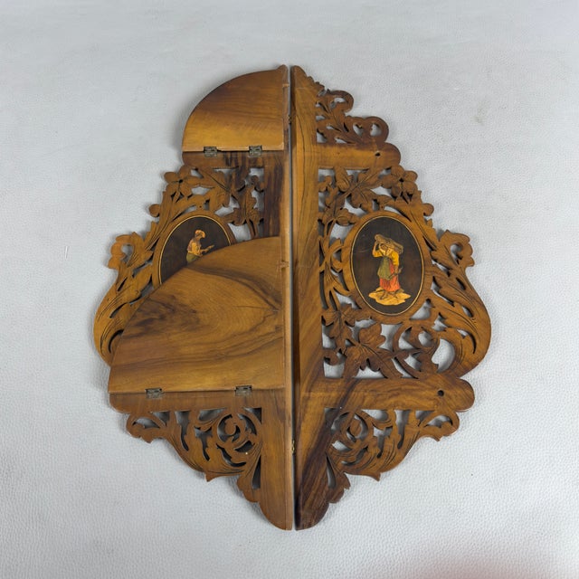 Folding Corner Shelf in Perforated Wood For Sale - Image 5 of 11