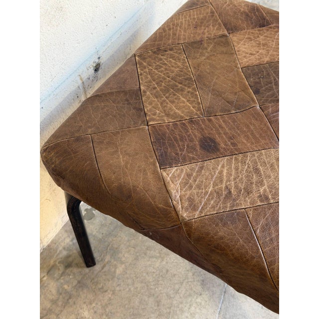 Animal Skin Brown Leather Patchwork Square Ottoman Danish Mid-Century Modern 1970s For Sale - Image 7 of 10