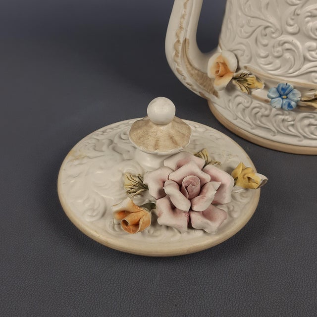 Ceramic Capodimonte Ceramic Jug Pourer with Flowers in Relief, 1970s For Sale - Image 7 of 14