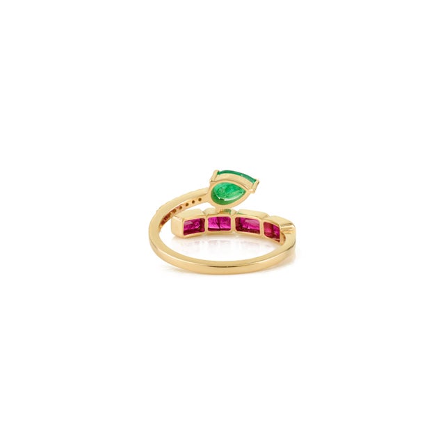 Gemstone 14k Gold Natural 1.59 Ct Ruby Emerald Birthstone Duet Modern Bypass Ring Size 6 For Sale - Image 7 of 14