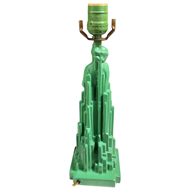 1970s Re-Editon Art Deco Frankart "Spirit of Modernism" L215 Spelter Metal Table Lamp For Sale - Image 4 of 10