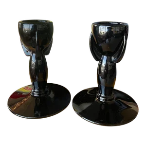 1920s Art Deco Duncan Miller Rocket Candle Holders Black Glass Streamline - a Pair