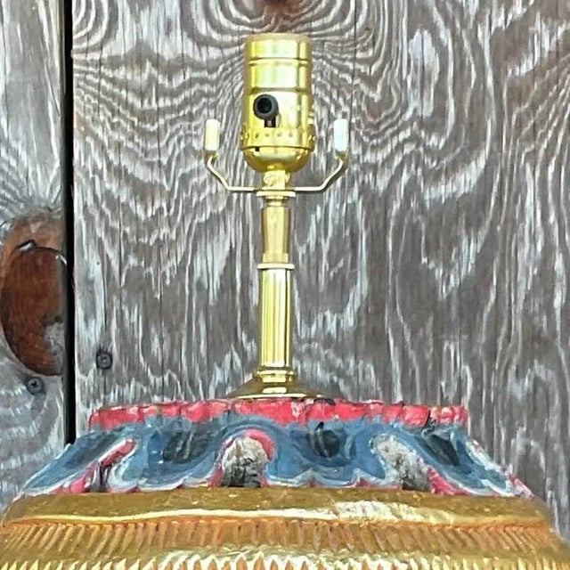 Vintage Boho Carved Wood Table Lamp For Sale - Image 11 of 13