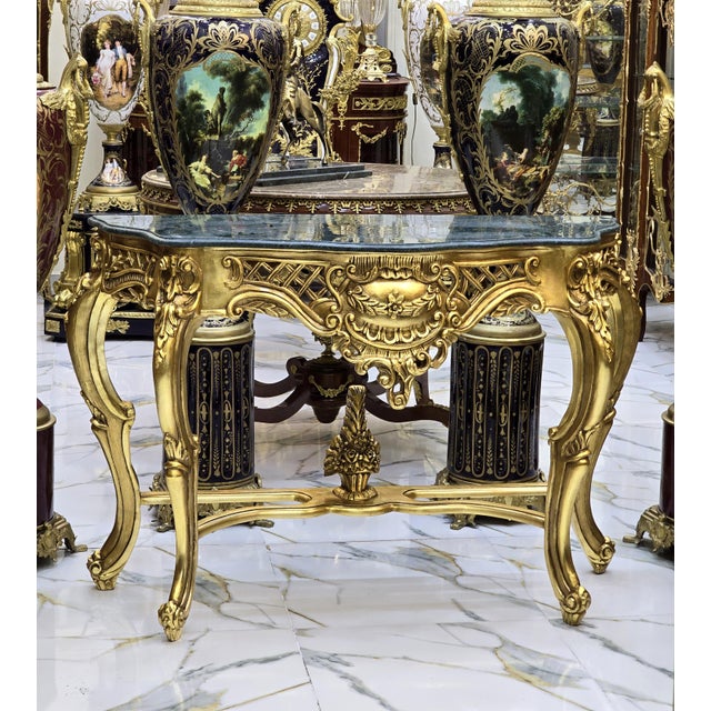 French Style Console Table Black Marble Topped Gold Details For Sale - Image 4 of 4