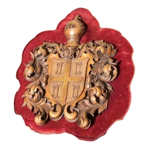 Late 19th Century Carved Wooden Shield With Knight and Heraldic Carvings