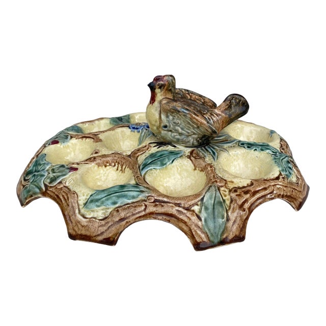 Belgium Majolica Egg Plate With Bird, Circa 1880 For Sale