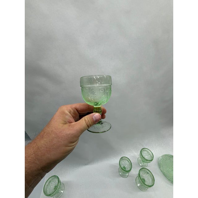 Vintage Vaseline / Uranium Green Pressed Glass Decanter and Cordial Set With Tray - 8 pcs For Sale - Image 9 of 11