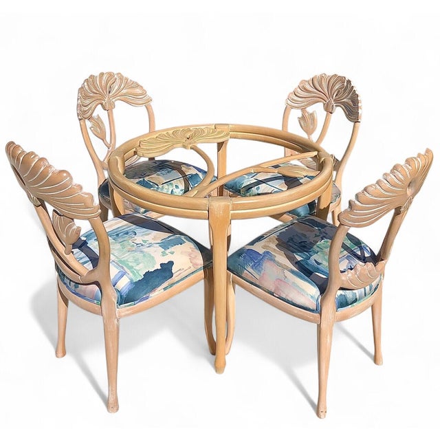 Vintage Carved Lotus Flower Table Base and Four Chairs For Sale - Image 15 of 15