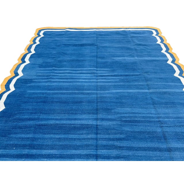 Blue Handmade Cotton Area Rug Natural Vegetable Dyed Blue Scalloped Rug Yellow Border - 12'x15' For Sale - Image 8 of 11