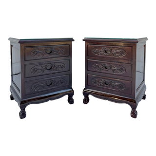 Vintage Lacquered Rosewood Dragon and Phoenix Nightstands - a Pair For Sale