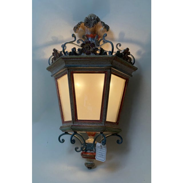 Metal Hollywood Regency Italian Hand-Carved Lantern Wall Light, 1980s For Sale - Image 7 of 18