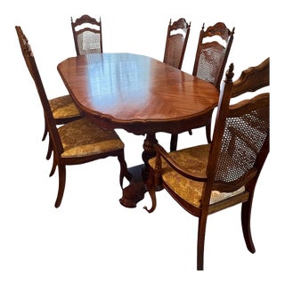 Late 20th Century French Provincial Oak Dining Set — Table With Two Leaves & 6 Cane-Back Chairs For Sale