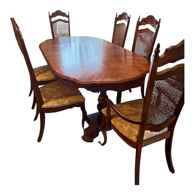 Late 20th Century French Provincial Oak Dining Set — Table With Two Leaves & 6 Cane-Back Chairs For Sale