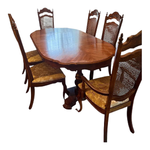 Late 20th Century French Provincial Oak Dining Set — Table With Two Leaves & 6 Cane-Back Chairs