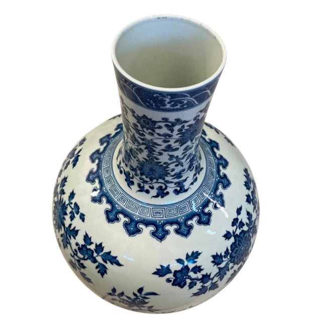 Ceramic Pair of Vintage Blue & White Porcelain Globular Vases Chinoiserie Pomegranate & Floral Bott For Sale - Image 7 of 12
