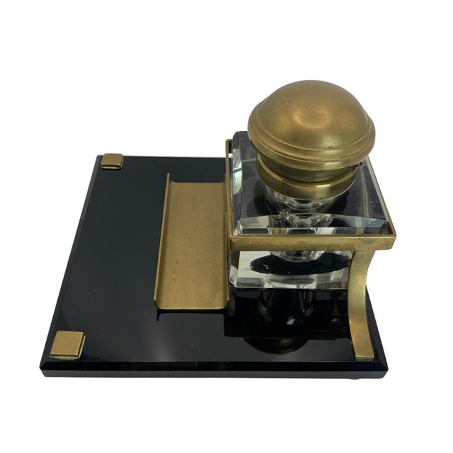 Art Deco Lacquered Desk Set with Brass Bound Bevelled Glass Inkwell, Set of 4 For Sale - Image 10 of 18
