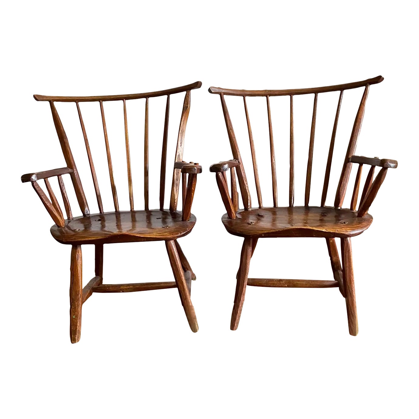 Early 1900s Rustic Windsor Style Wooden Handmade Chairs Set of 2