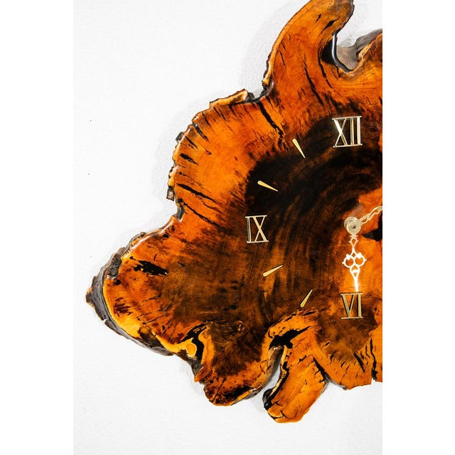 Mid Century Modern Clock Wood Burl Wall Brass Gold Danish Vintage MCM For Sale - Image 10 of 12