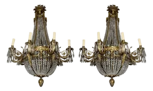 Pair of Early 20th Century French Bronze Chandeliers With Crystal.