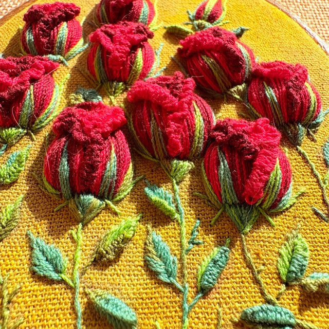 Framed 3d Stumpwork Textile Wall Art - Vintage Botanical Red Roses on Yellow For Sale - Image 9 of 16