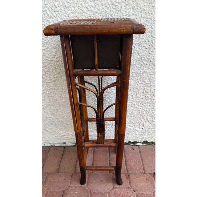 Boho Chic Vintage Tortoiseshell Rattan Plant Stand Side End Table With Drawer For Sale - Image 3 of 8